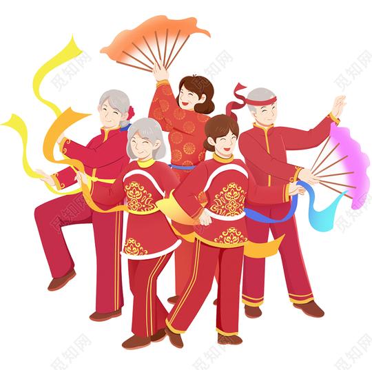 2021喜庆红色手绘春节习俗老人扭秧歌png素材春节新年扭秧歌