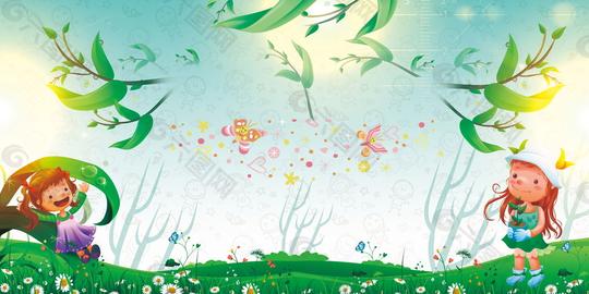 唯美花园女孩卡通幼儿园招生背景素材