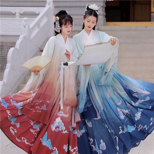凝紫萱原创交领齐腰汉服渐变印花仙云阁三件套日常白菜古装仙女服