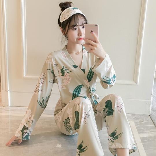 秋冬季长袖日式和服睡衣女开衫纯棉花朵学生家居服翻领套和服花朵绿色m