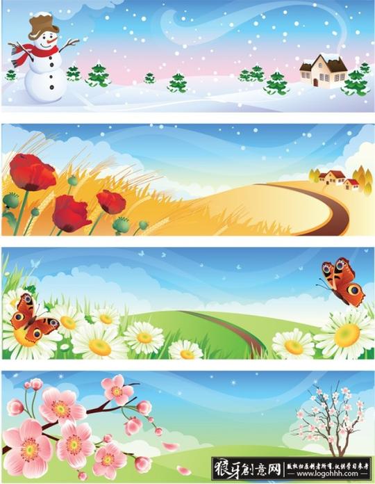 动漫/卡通画四季花纹吊旗矢量素材,吊旗设…-