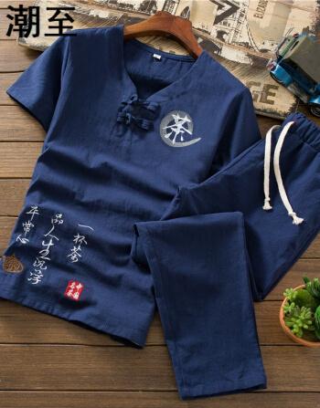 潮至套装夏季中国风男装棉麻短袖茶服盘扣大码字刺绣佛系半袖衣服裤子