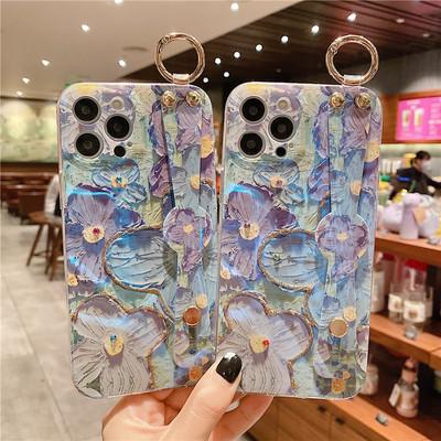 新款opporeno5手机壳reno6pro防摔全包4/3蓝光花朵彩钻腕带支架薄