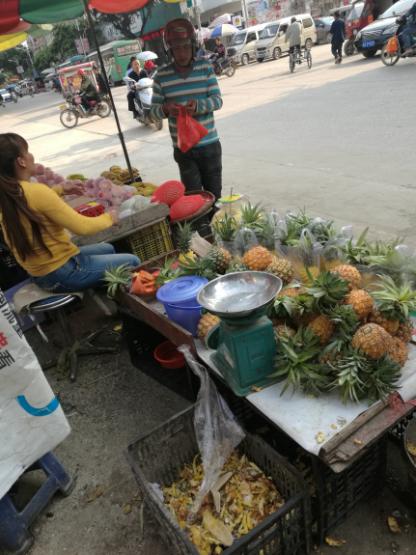 农村圩日赶集，大妈的水果摊生意火爆，大家能区分凤梨和菠萝吗？
