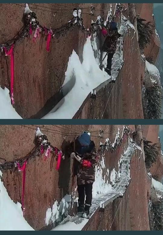 蜘蛛侠华山栈道绝壁扫雪高空刺激着跳动的心脏不过30岁就要退休