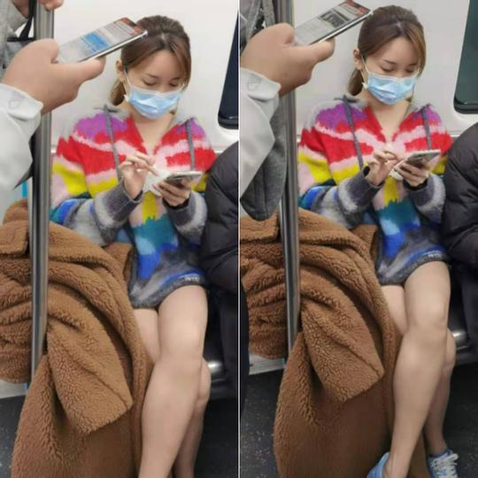 知名女星坐地铁被偷拍！一双白嫩腿过于抢镜，三万大衣随意拖地上