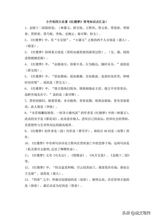 小升初四大名著《红楼梦》常考知识点汇总!