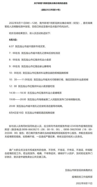 海南省五指山市新增1例新冠肺炎确诊病例