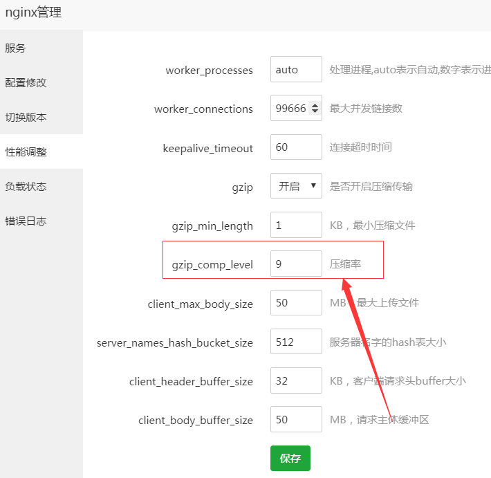 宝塔面板Gzip压缩设置页面
