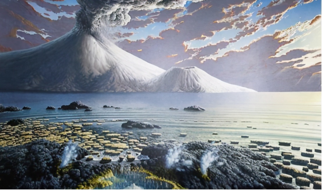 太古宙时期的地球艺术想象图，出现原始海洋和大陆